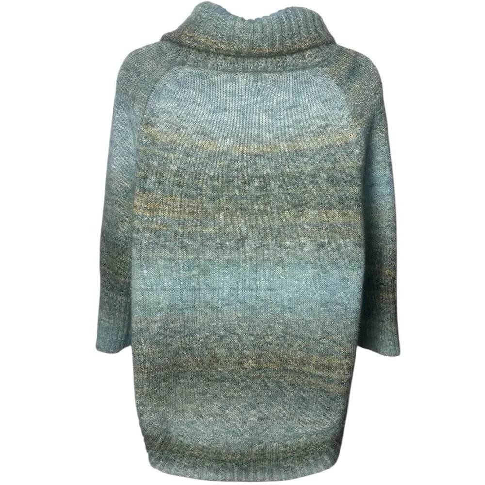Ponsesa Blue Green Watercolor Knit‎ Turtleneck Wool Blend Cozy Holiday Cabin M